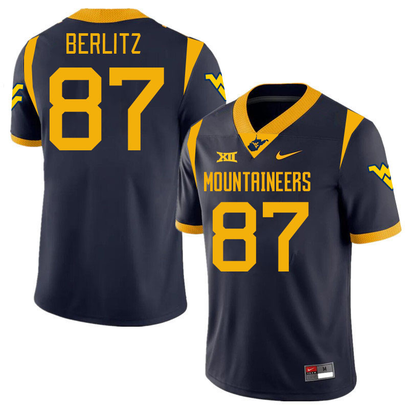 #87 Derek Berlitz West Virginia Mountaineers College 2024 New Uniforms Football Jerseys Stitched Sale-Navy